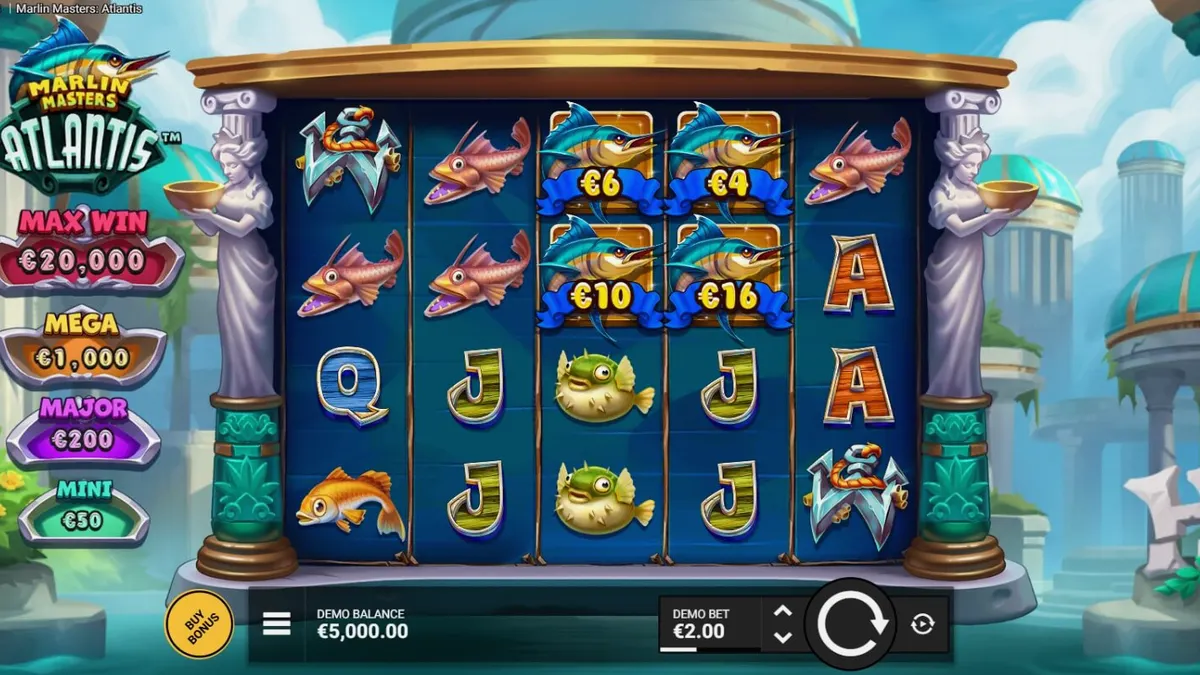 Tampilan layar permainan slot Marlin Masters Atlantis pada perangkat seluler
